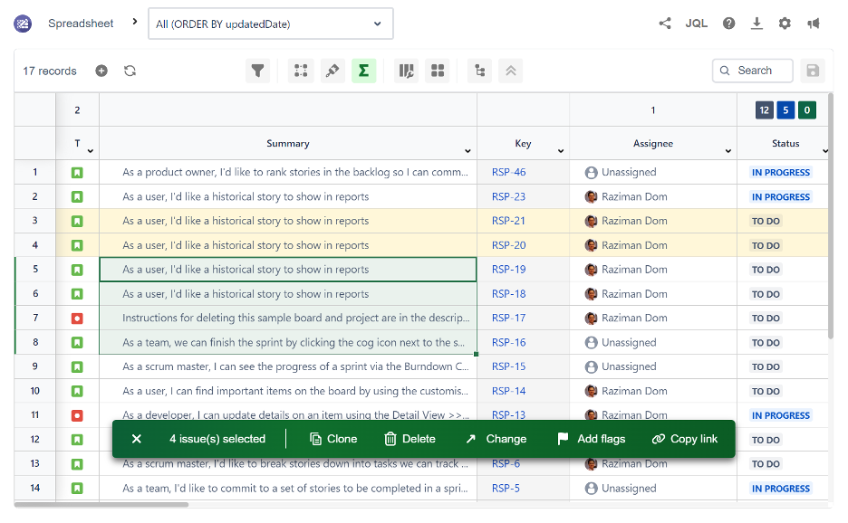 A screenshot of the Excel-like Issue Editor for Jira app that shows the floating bulk operation bar feature.