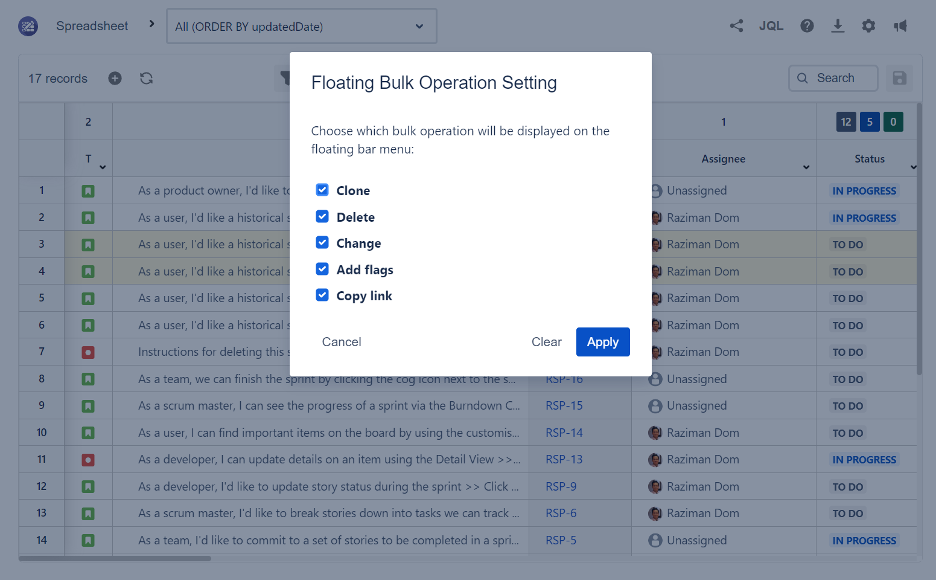 A screenshot of the Excel-like Issue Editor for Jira app that shows the floating bulk operation bar settings feature.