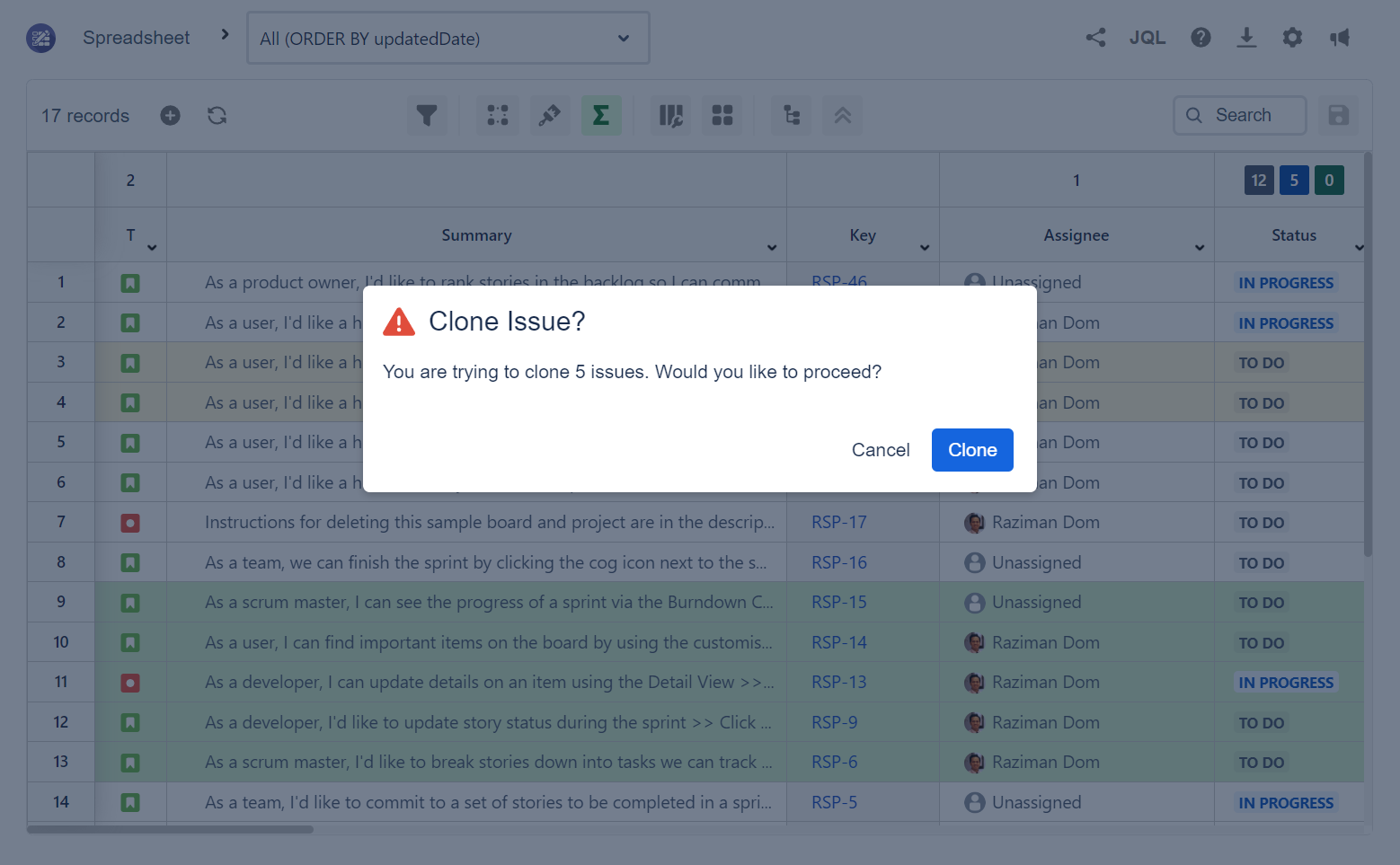 A screenshot of the Excel-like Issue Editor for Jira app that shows the bulk clone feature.